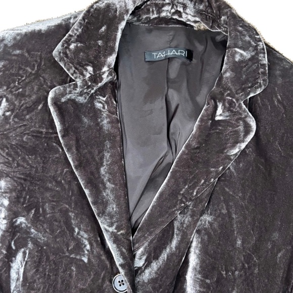 Tahari Grayish Brown Crushed Velvet Blazer Jacket Medium Steampunk Cottage Goth - Picture 2 of 6